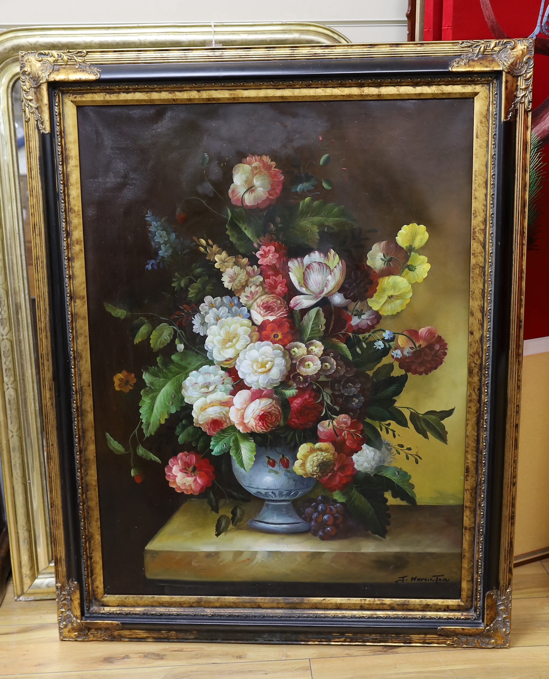 J. Hamilton, oil on canvas, Still life of flowers in a vase upon a ledge, 100 x 75cm